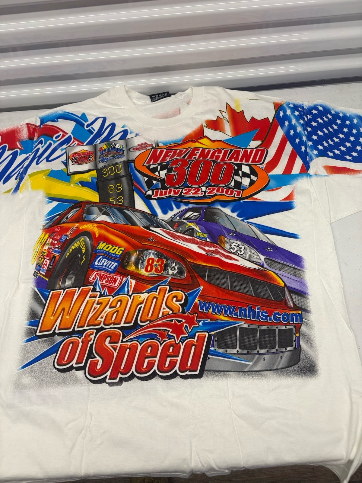 Vintage 2001 NASCAR New England 300 Wizards of Speed AOP Shirt XL NWOT