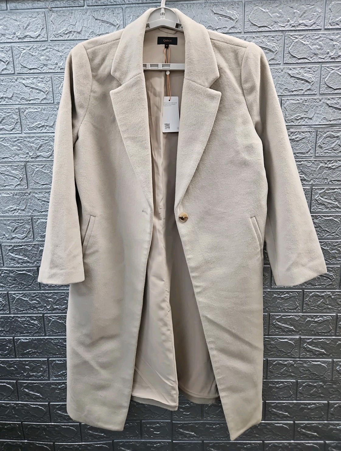 New Quince Wool Cashmere Classic Single Breasted Coat Melange Sand Dune Size M