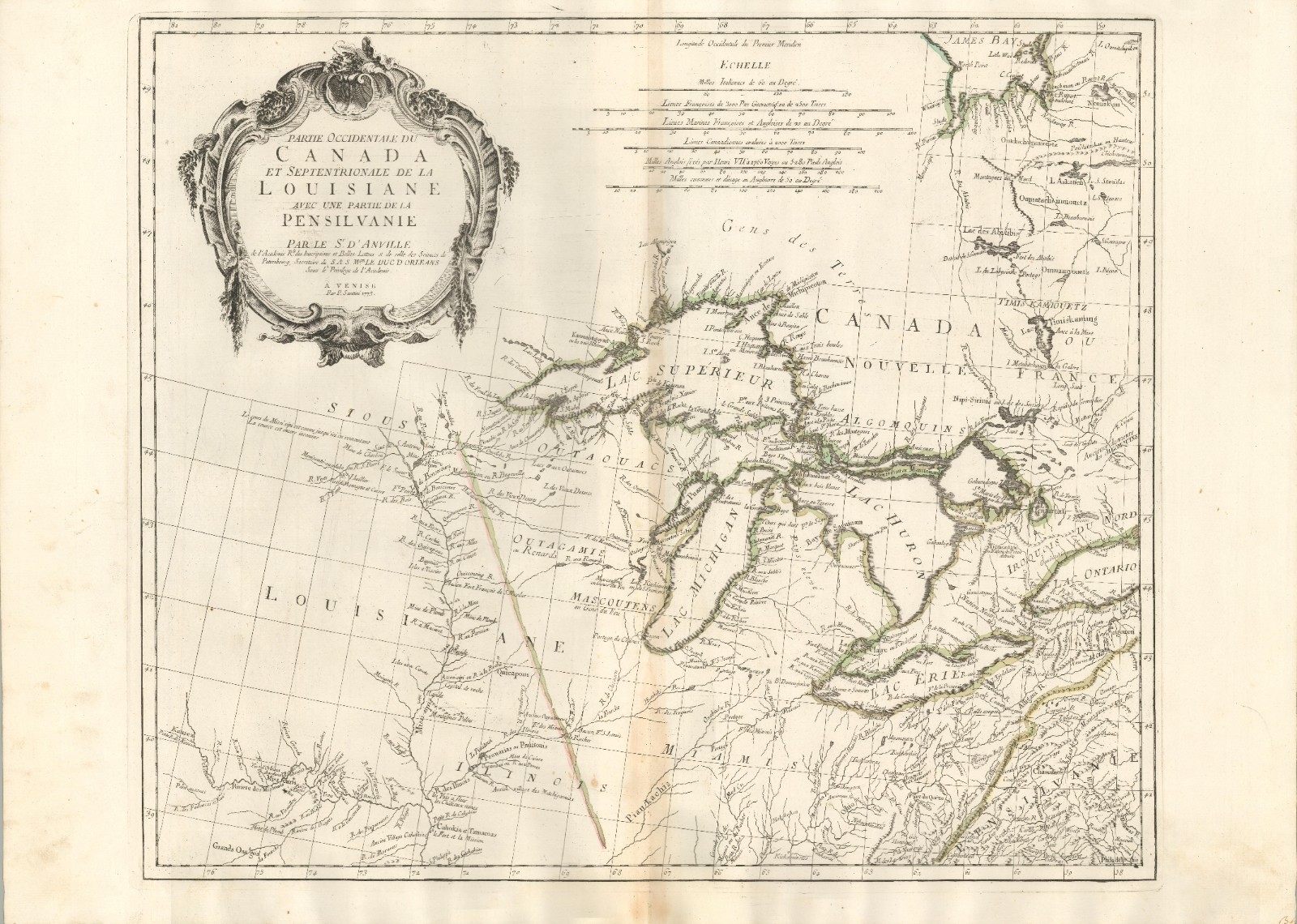 1775 Anville / Santini Map of Great Lakes Region, \'Partie Occidentale Du Canada\'