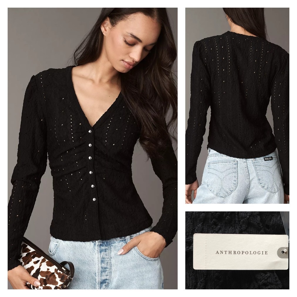 Anthropologie Maeve Textured Eyelet Top Black Onyx Size Small NWT $88