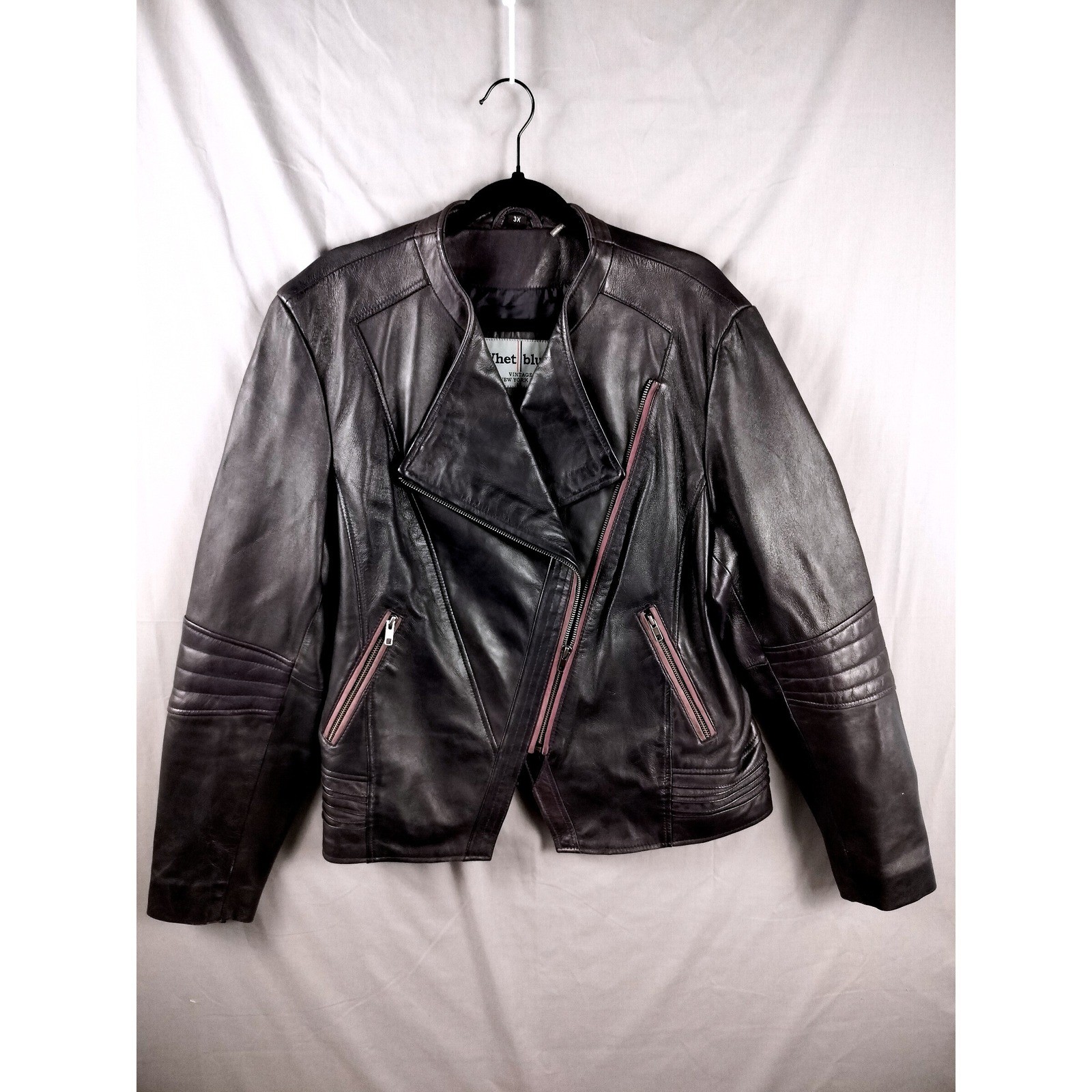 Whet Blu Leather Jacket Women 3X Black Purple Asymmetrical Moto Biker Goth Edgy