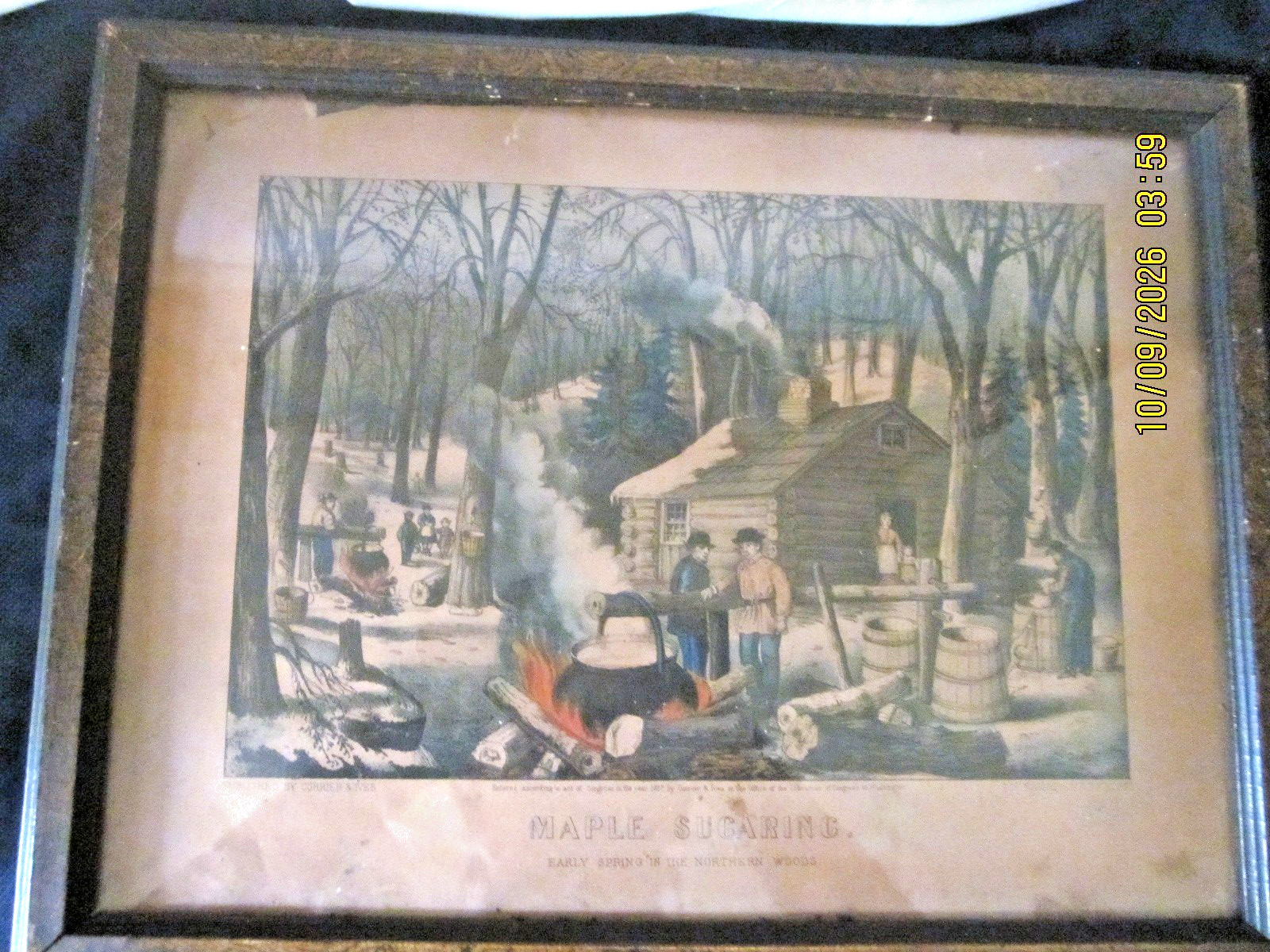 AUTHENTIC 1872 CURRIER & IVES MAPLE SUGARING LITHOGRAPH 12.5\ AUTHENTIC 1872 CURRIER & IVES MAPLE SUGARING LITHOGRAPH 12.5\
