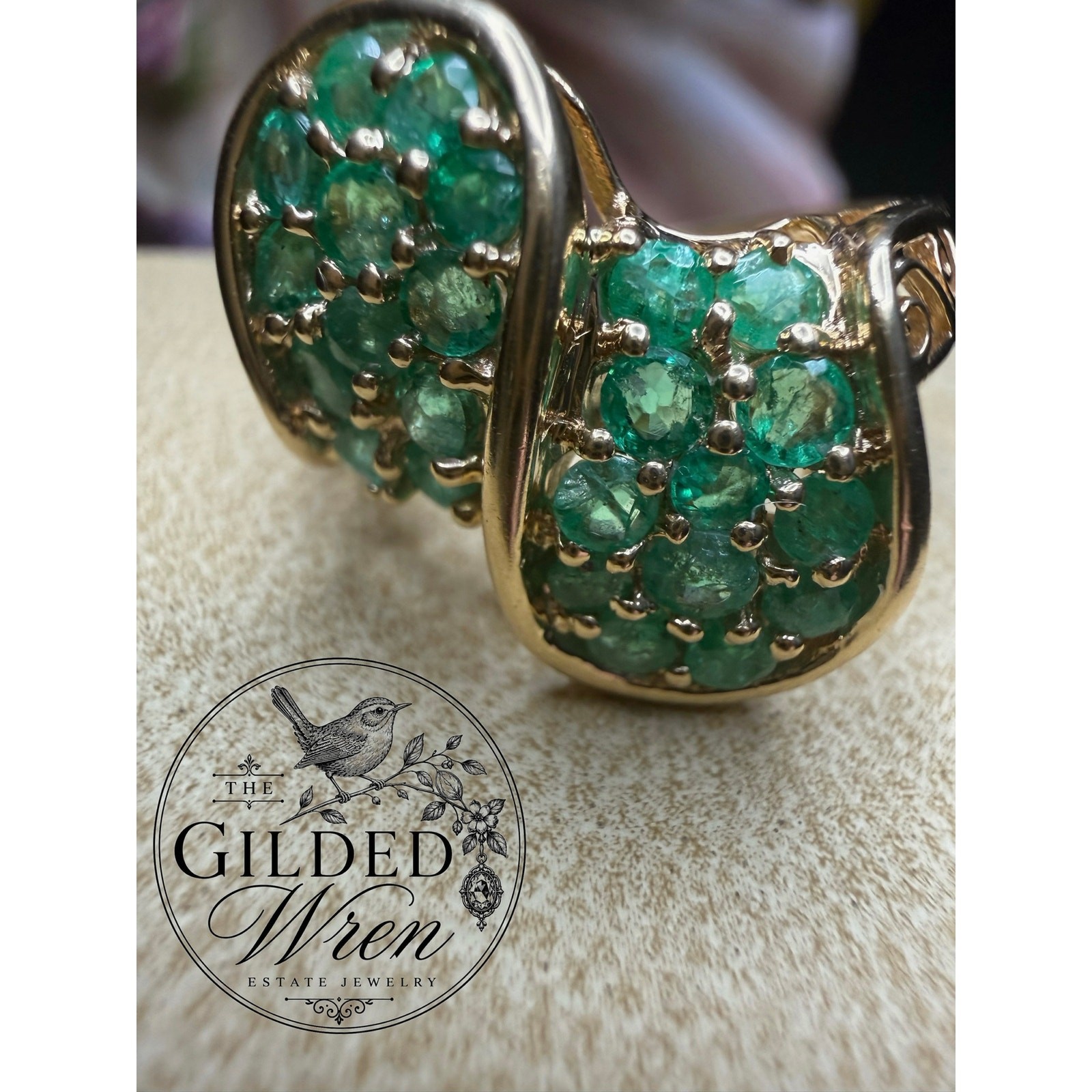 Vintage 10K Gold Emerald Bypass Statement Ring Sz 7 Estate 4.40g