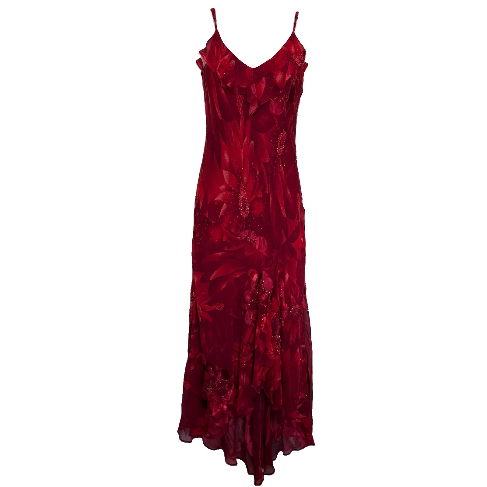 Sue Wong 90’s Vintage Y2K Red Silk Floral Beaded Ruffle Formal Dress Size 8