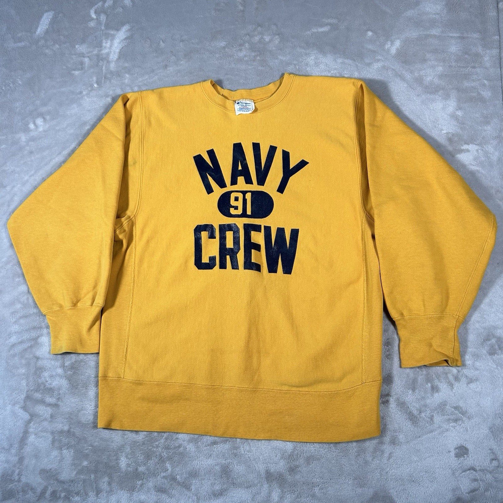 Vintage 80s Champion Reverse Weave Navy Crew 91 XL Warmup Tag Military Made USA