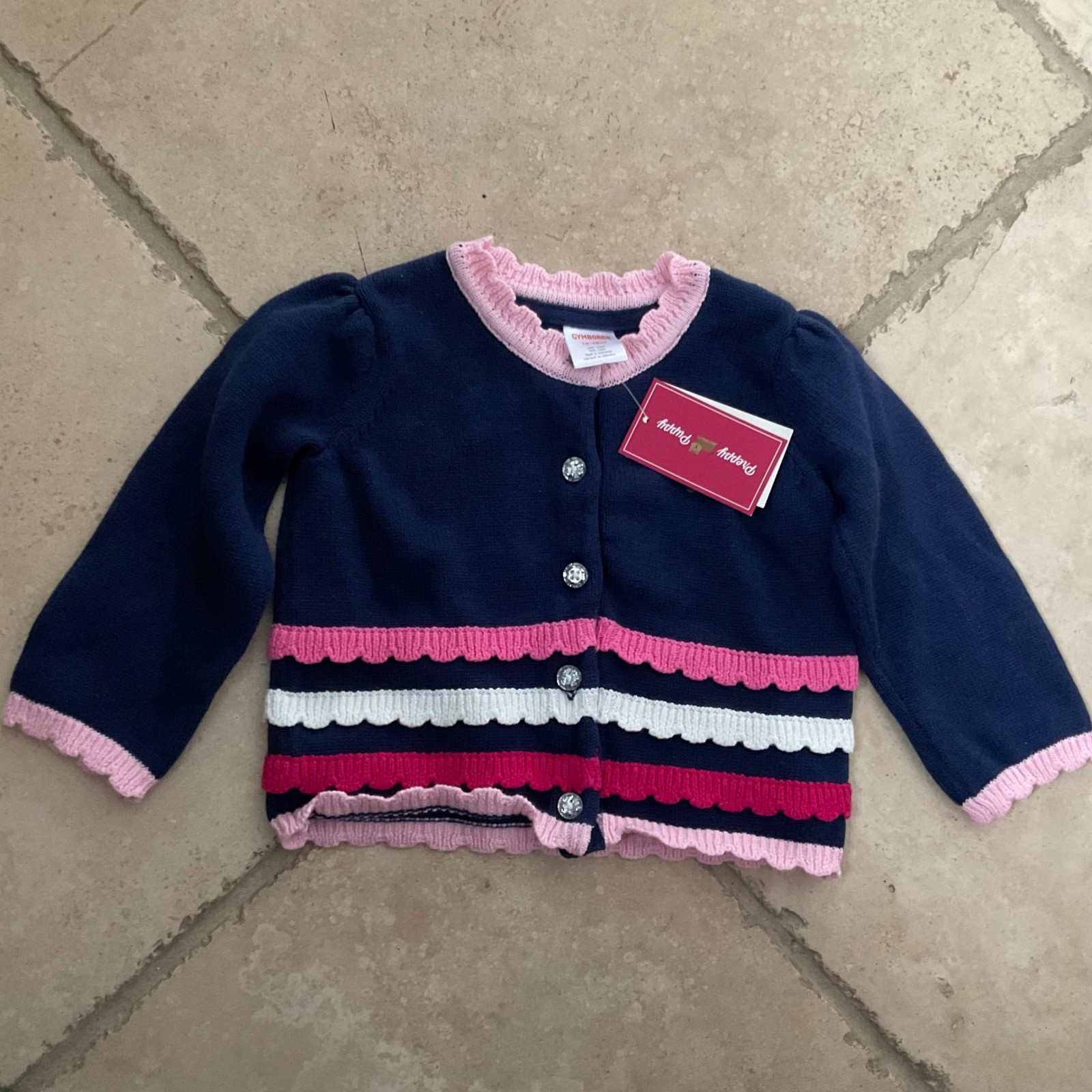 NWT Gymboree 12-18M Preppy Puppy Navy Pink Scalloped Ruffle Cardigan Sweater