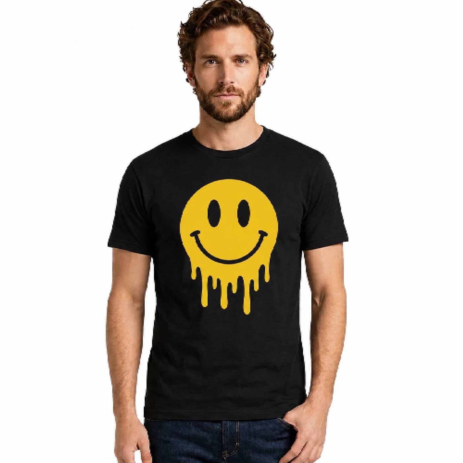Men\'s Dripping Smiley Face T-Shirt Melting Happy Graphic Tee Trippy Retro Top