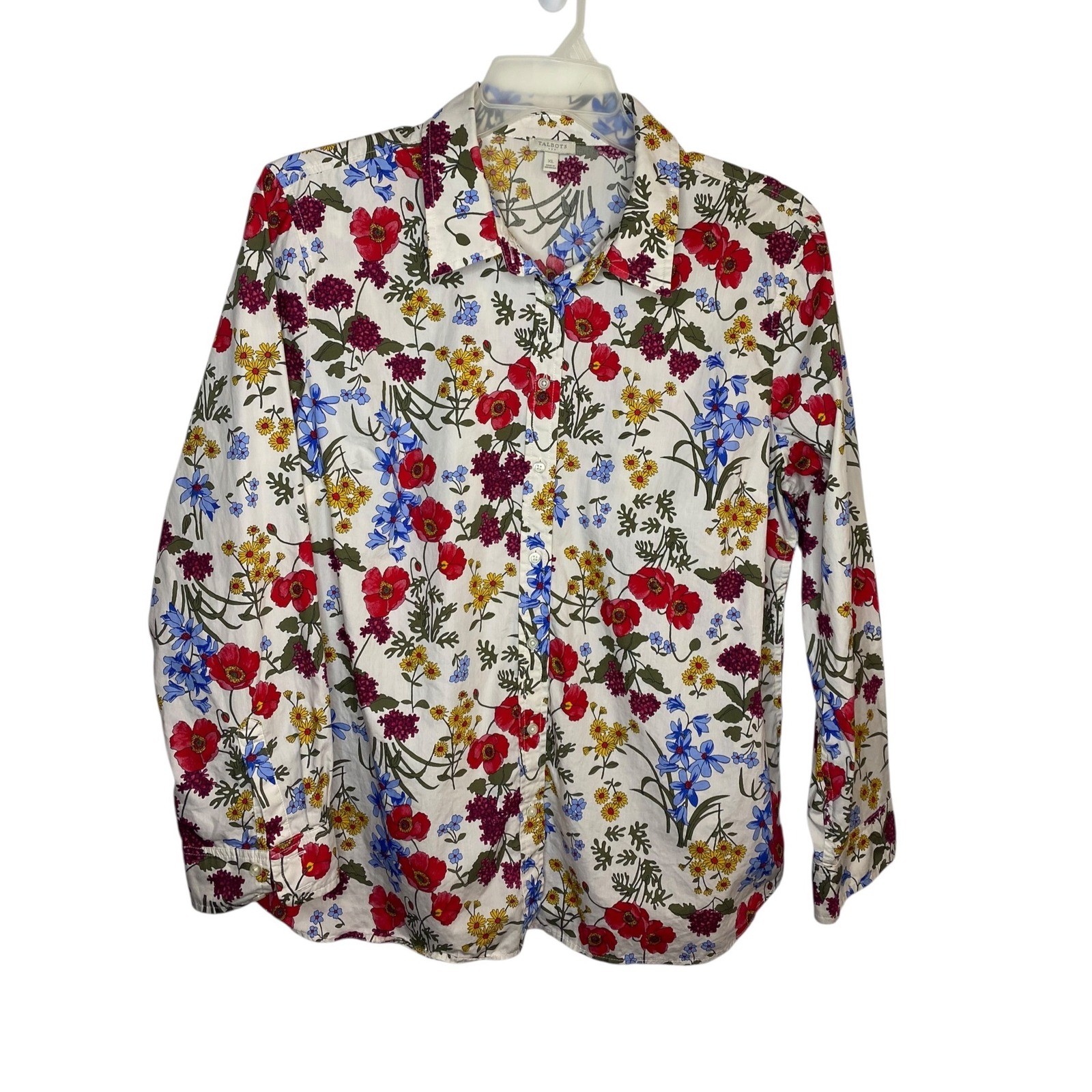 Talbots Womens XL Beige Red Blue Floral Cotton Long Sleeve Button Down Shirt