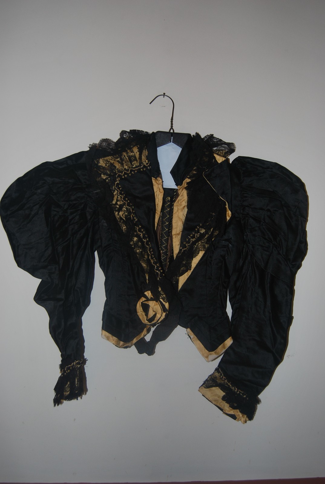 Edwardian Victorian black satin beaded jacket golden underlay fabric lace trim Edwardian Victorian black satin beaded jacket golden underlay fabric lace trim