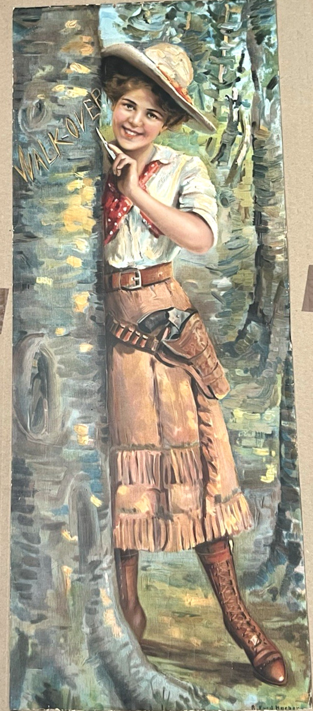 1913 Antique Walk-Over Boot Shoes Advertising Cute Cowgirl w Gun SO HARD TO FIND
