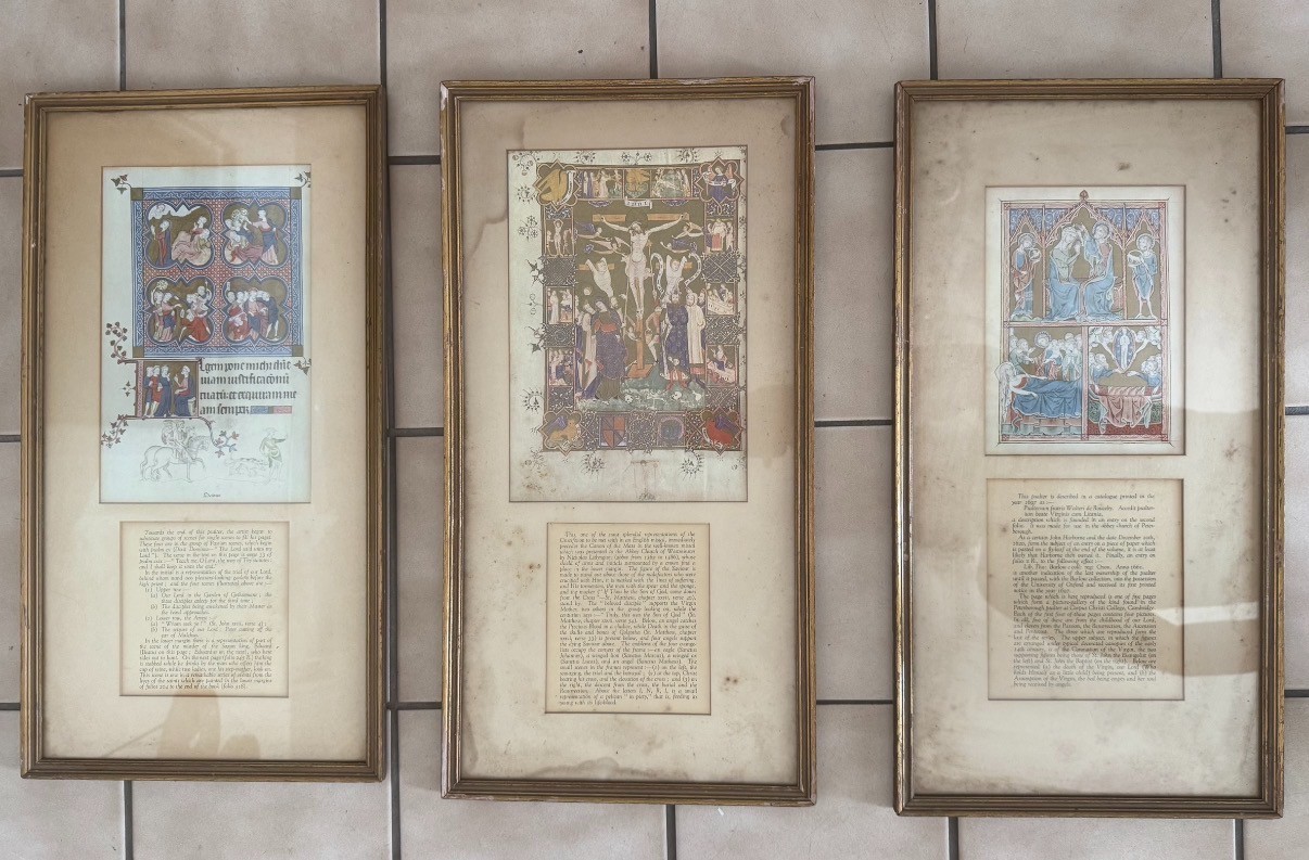 TRPTYCH SET OF 3 ANTIQUE ILLUMINATED MANUSCRIPT CHROMOLITHOGRAPH PRINTS IN FRAME