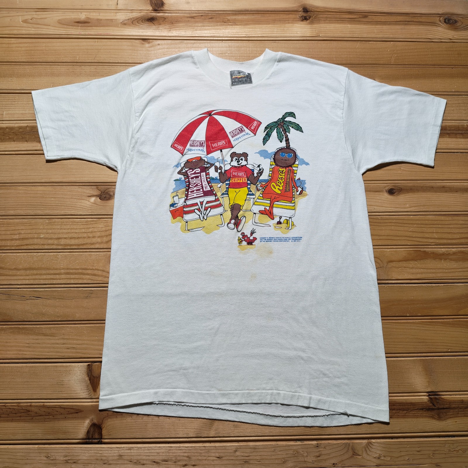 Vintage 1991 Hersheypark Hershey\'s Reeses Snack Beach Graphic T-Shirt USA Large