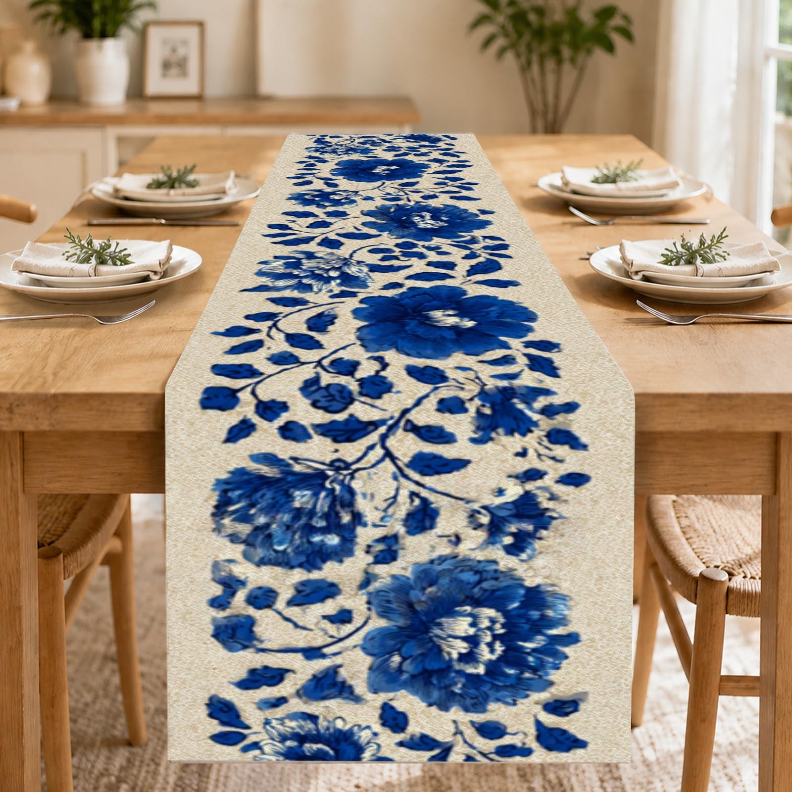 Nuxovilar Table Runner, Flax Table Runner 13x72 Inches - Blue Floral Country Tab