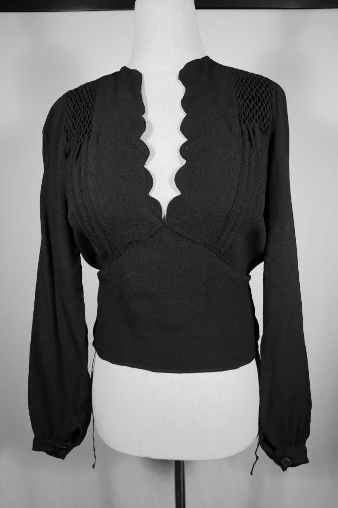 Vintage 1940\'s French Black Rayon Crepe Blouse Size Medium Excellent Condition