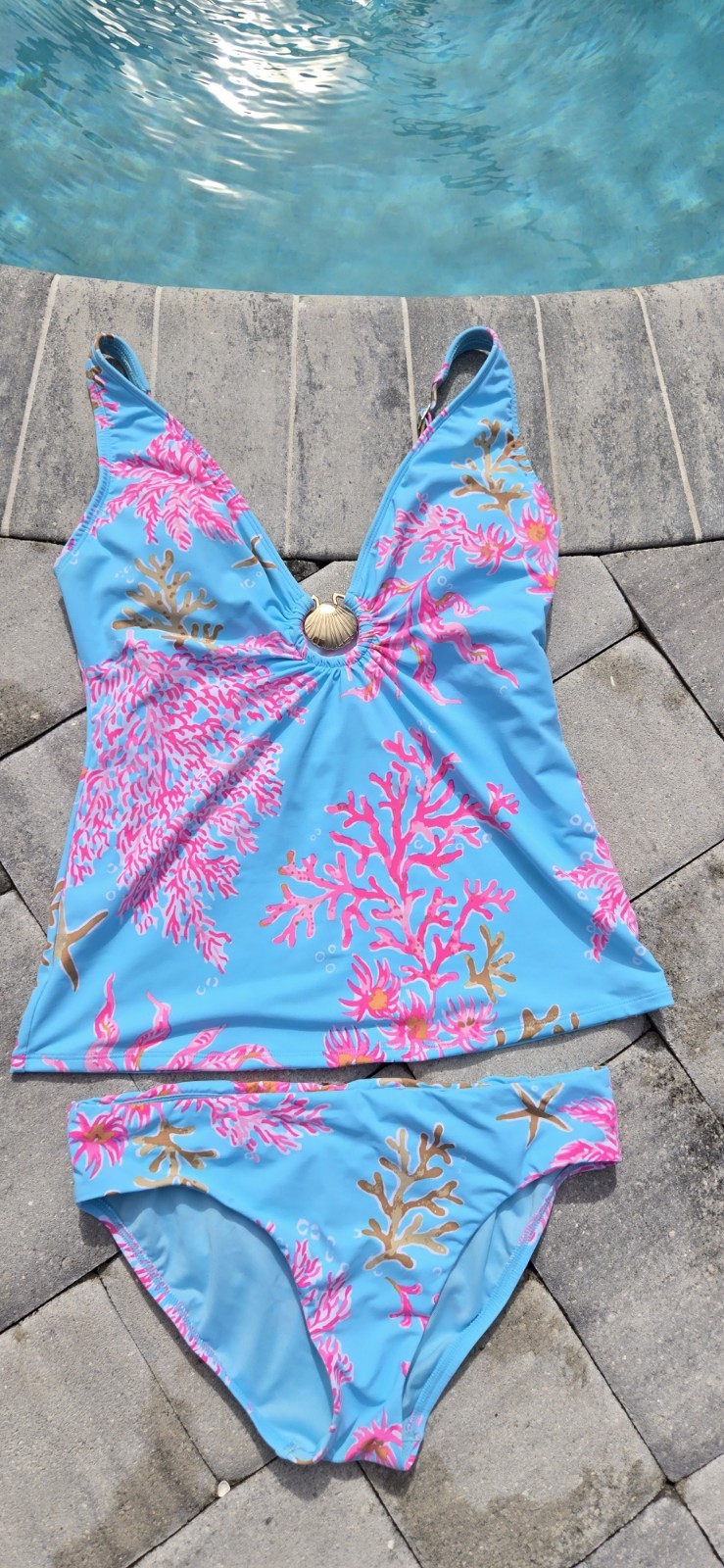 Lilly Pulitzer Betie Royal Coral Tankini Top Bikini Bottom Set Sz 2 Pink Aqua
