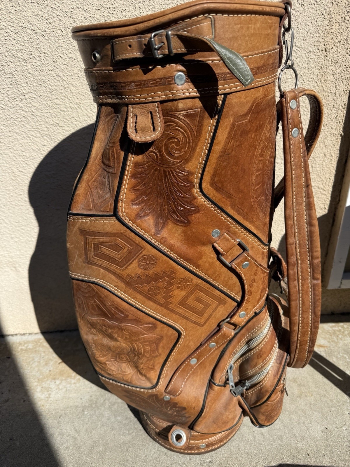 Incredible Vintage Hand Tooled Leather Golf Bag - Mayan Warrior Mayan Calendar