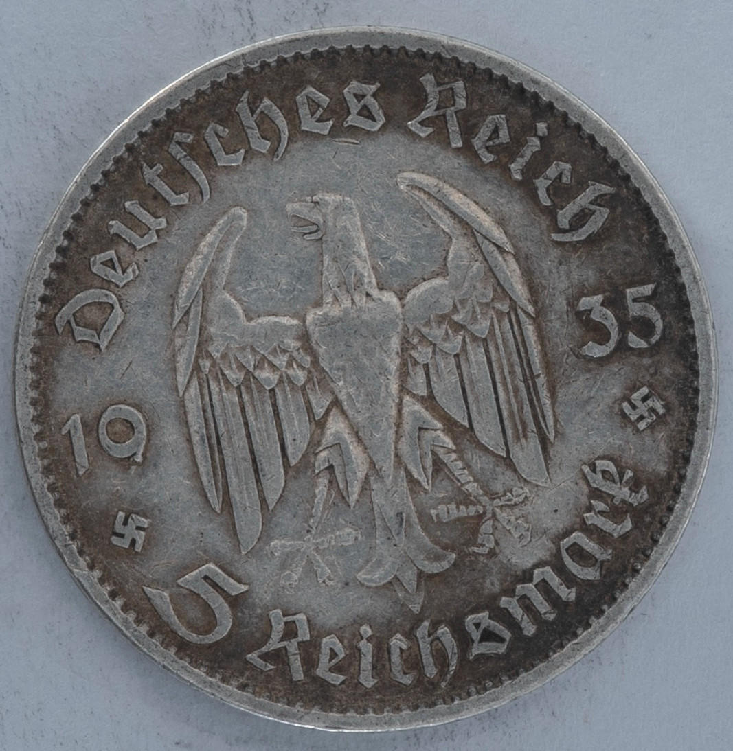 1935 Germany 5 Reichsmark Potsdam Garrison Church silver coin 0.900 silver