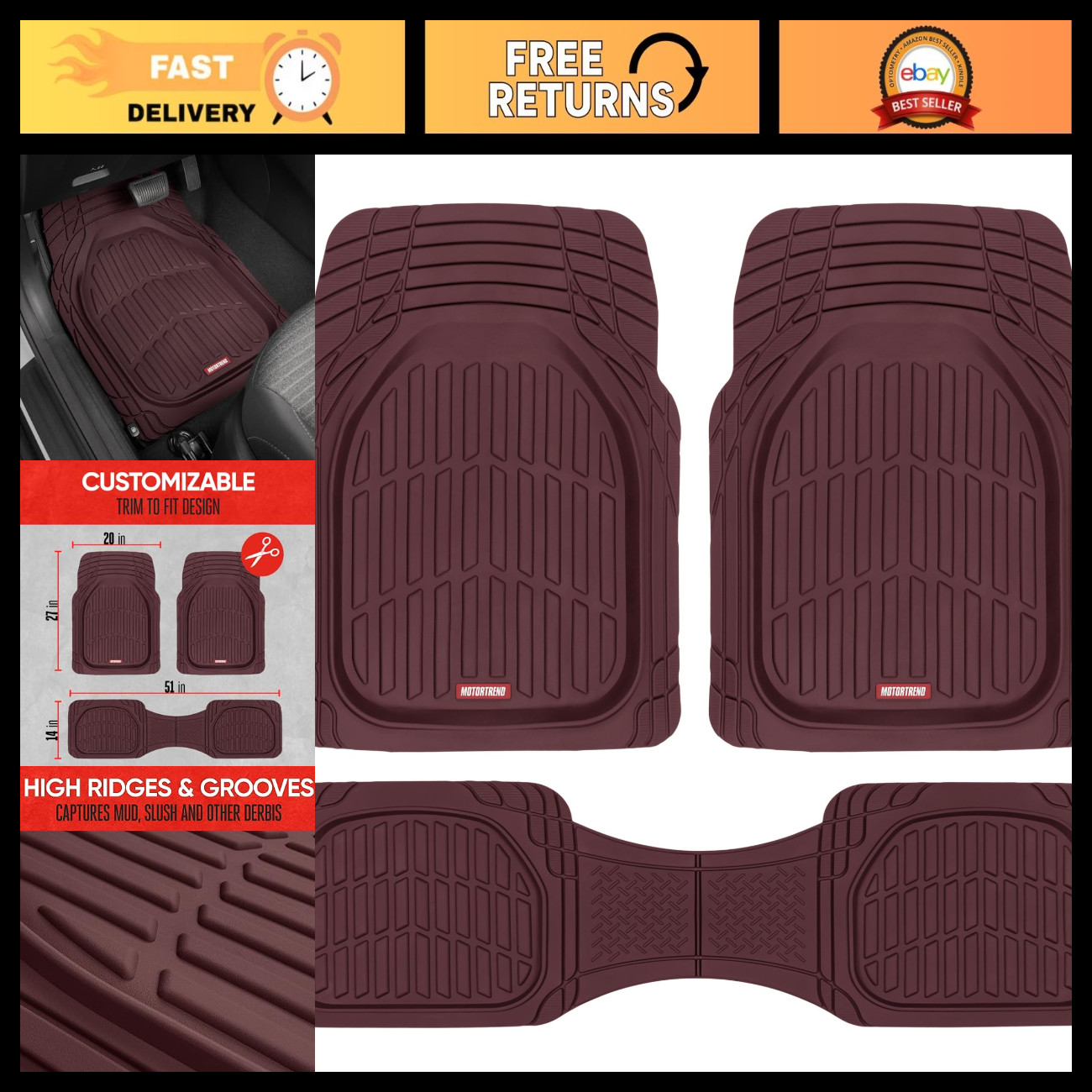 All-Weather Deep Dish Floor Mats for Cars & SUVs, Waterproof Trim-to-Fit, Burgun All-Weather Deep Dish Floor Mats for Cars & SUVs, Waterproof Trim-to-Fit, Burgun