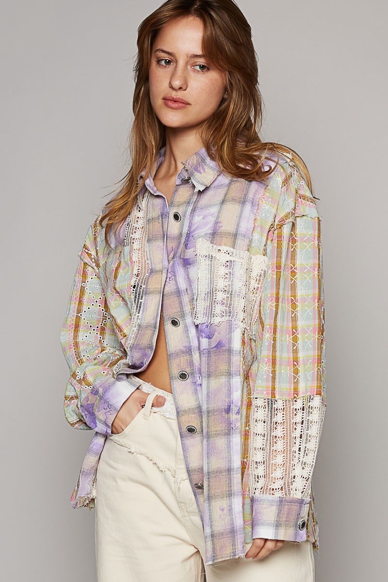 New POL Boutique Mixed Media Button Up Top Shirt Long Sleeve Lightweight Small