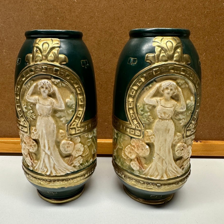 Wilhelm Schiller & Sons WS&S Majolica Art Nouveau Maiden Vases Pair 14797 AS IS