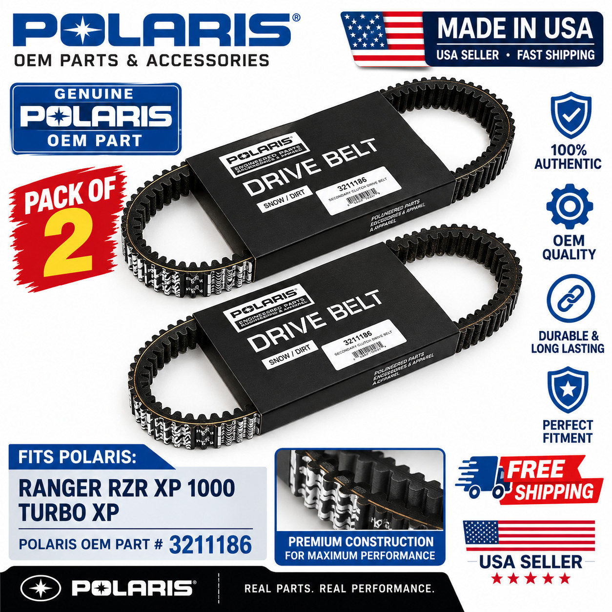 Polaris 3211186 Drive Belt Secondary Clutch 4 RZR 1000 XP Genuine OEM (2 Pack)
