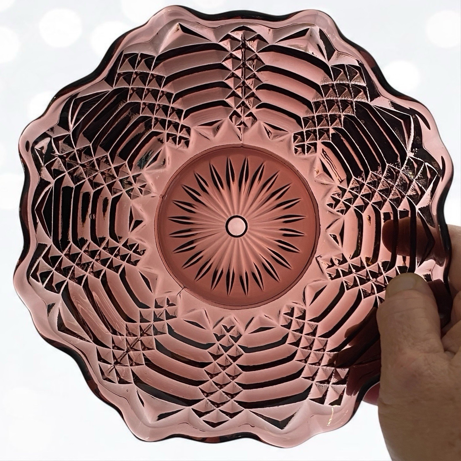 Vintage LE Smith Amethyst Glass Bowl Art Deco Geometric Art Centerpiece 7.25”d