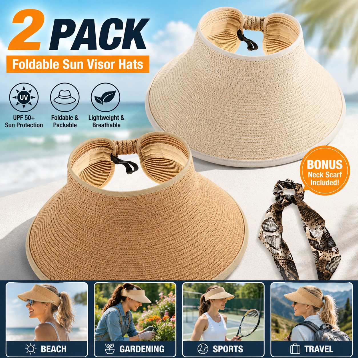 2 Pack Women’s Straw Sun Visor Hats Wide Brim Foldable UV Beach Hat 2 Pack Women’s Straw Sun Visor Hats Wide Brim Foldable UV Beach Hat