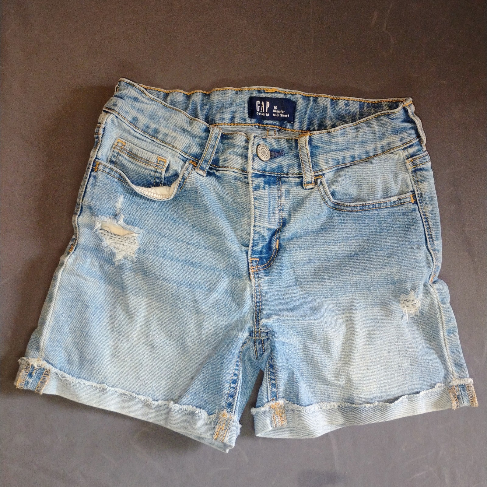 Gap Kids Denim Stretch Midi Short Distressed Girls 10 Light Wash, Adjust Waist ￼