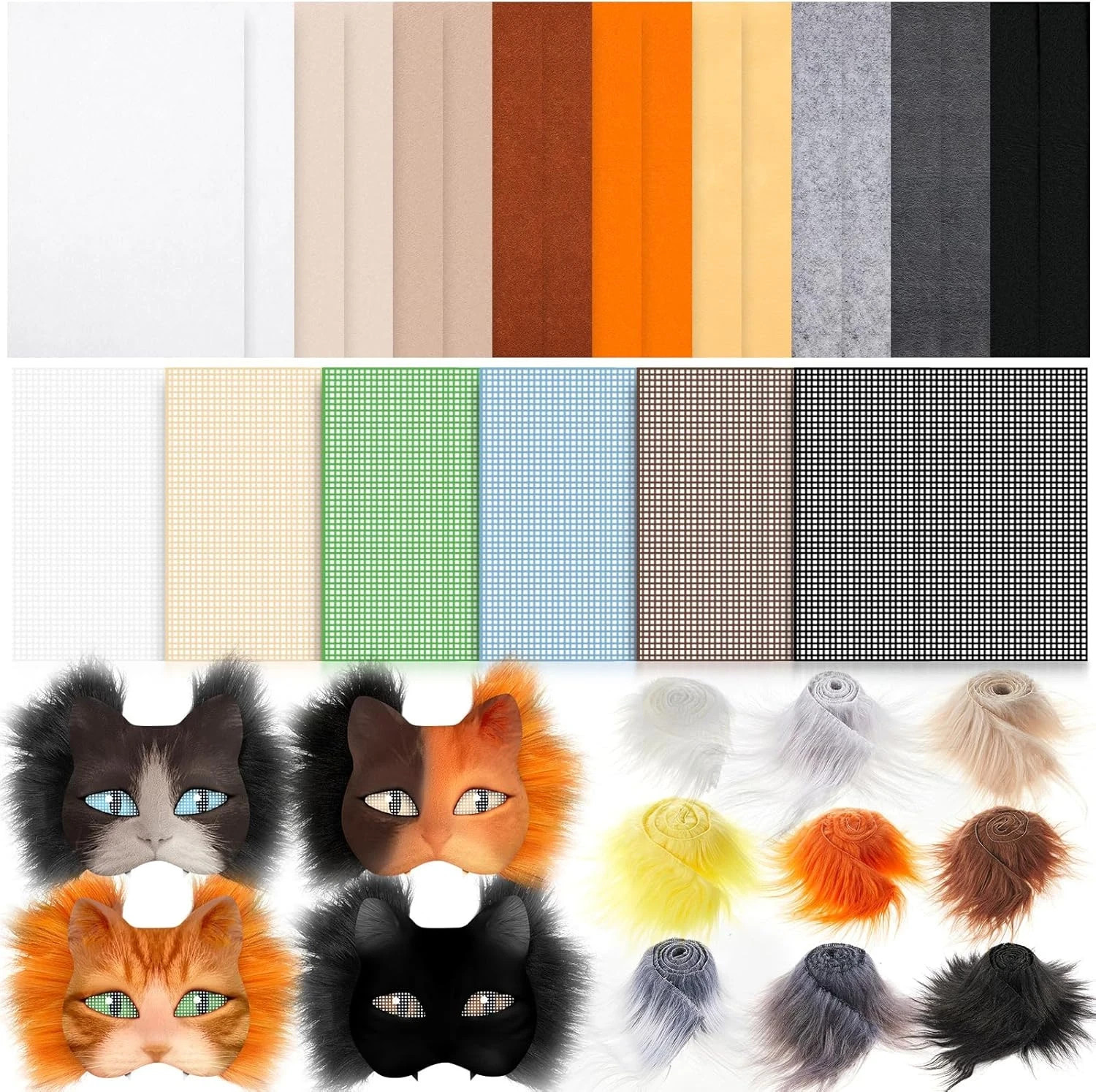 DIY Therian Mask Kit Felt Fabric Faux Fur Strips Plastic Mesh Sheets for Therian