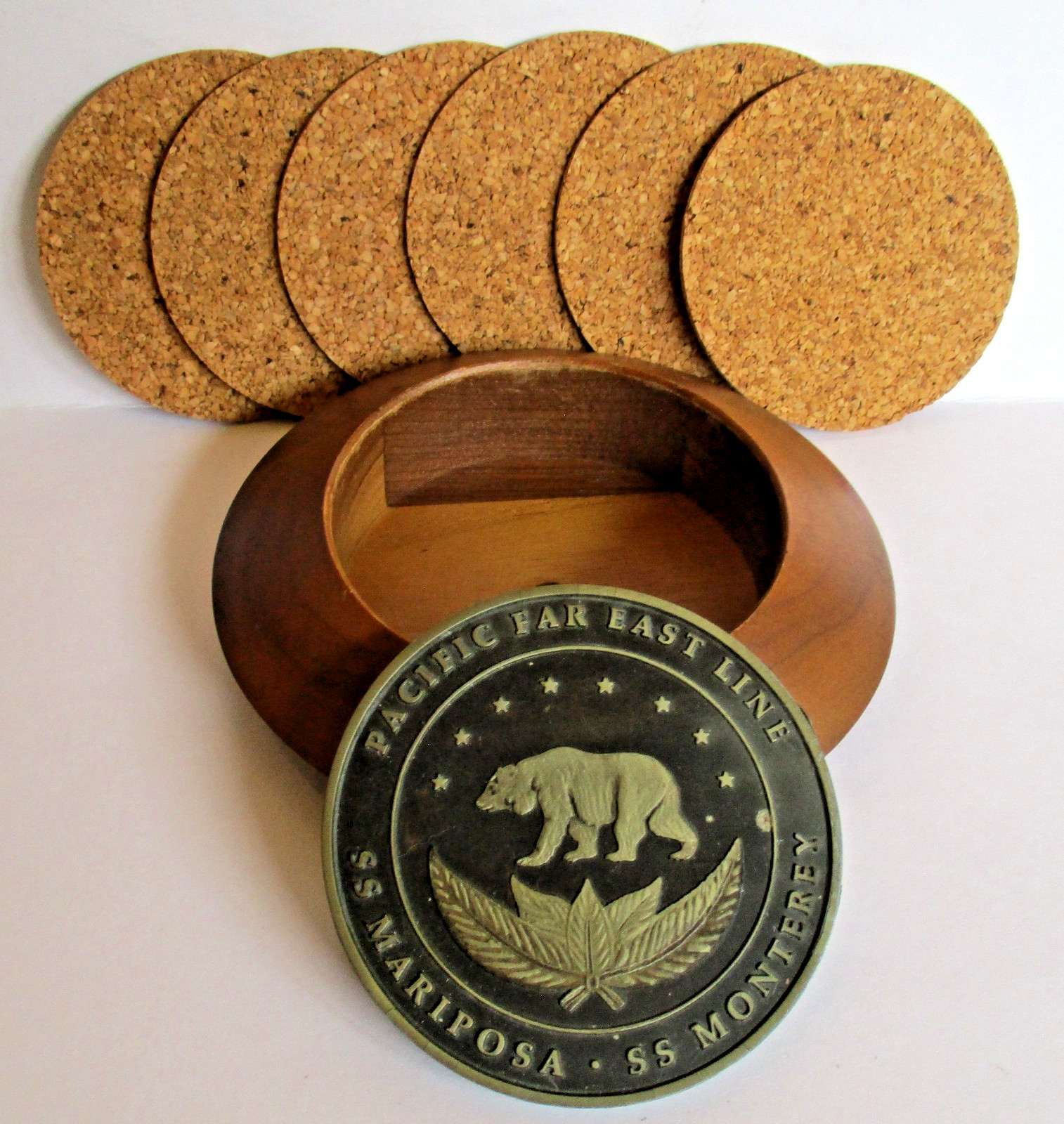 Vintage Pacific Far East Ship Lines Monterey/Mariposa Medallion Coaster Set Box Vintage Pacific Far East Ship Lines Monterey/Mariposa Medallion Coaster Set Box