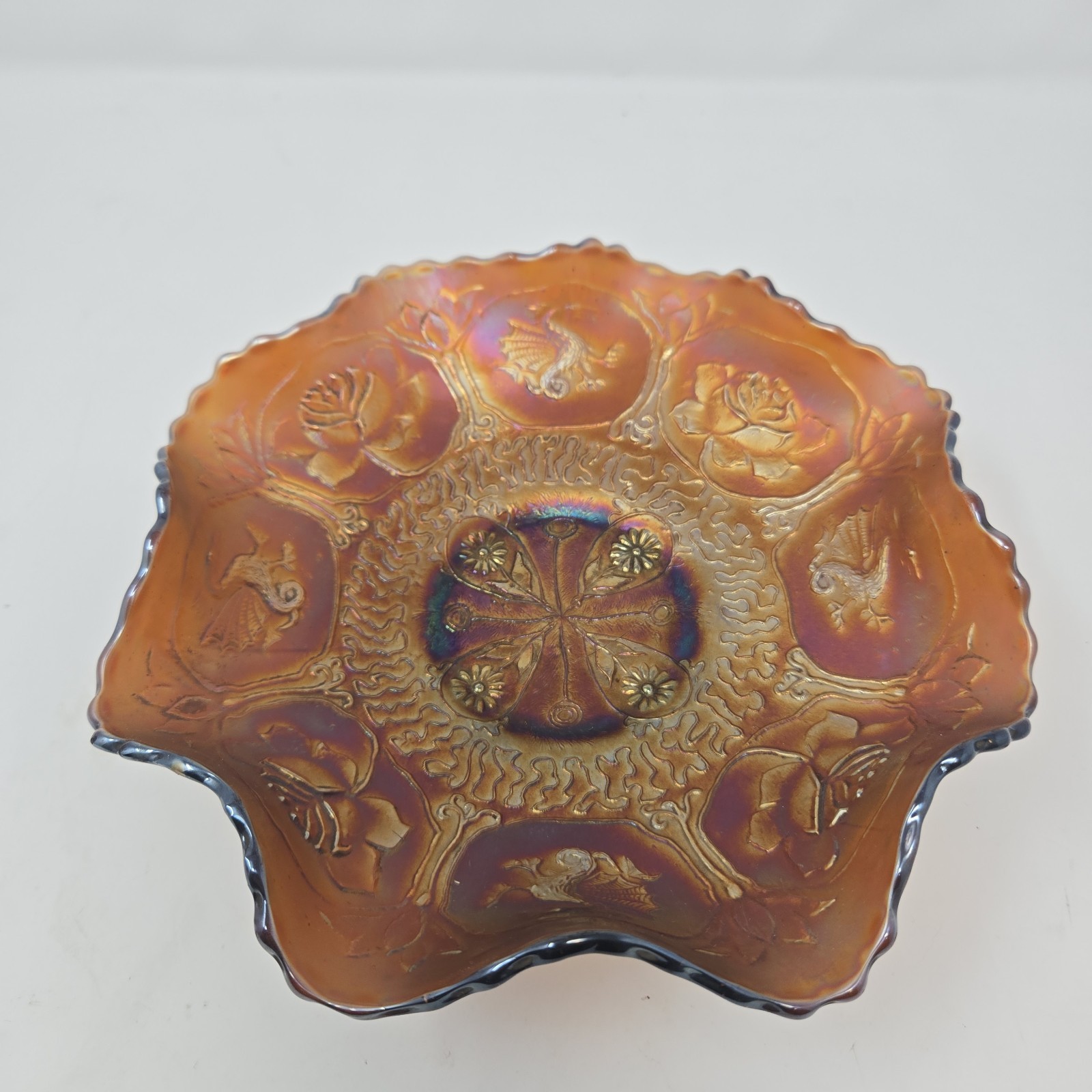 Fenton DRAGON & Rose Carnival Glass Bowl Ruffled IRIDESCENT Vintage