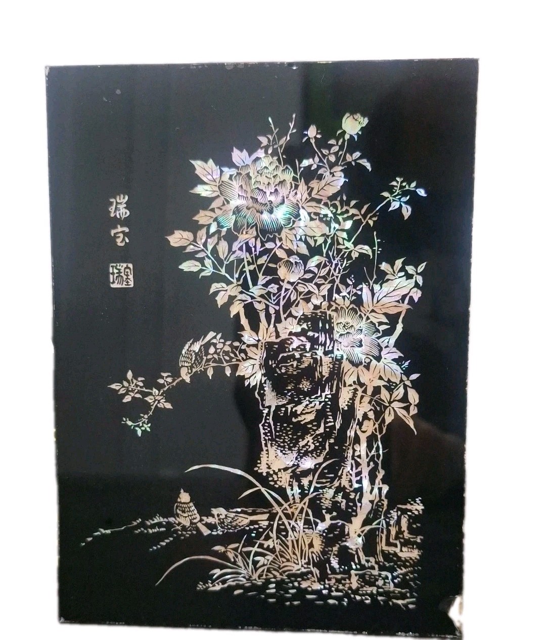 Vintage Asian Reverse Glass Painting Mother of Pearl Inlay Plaque \
