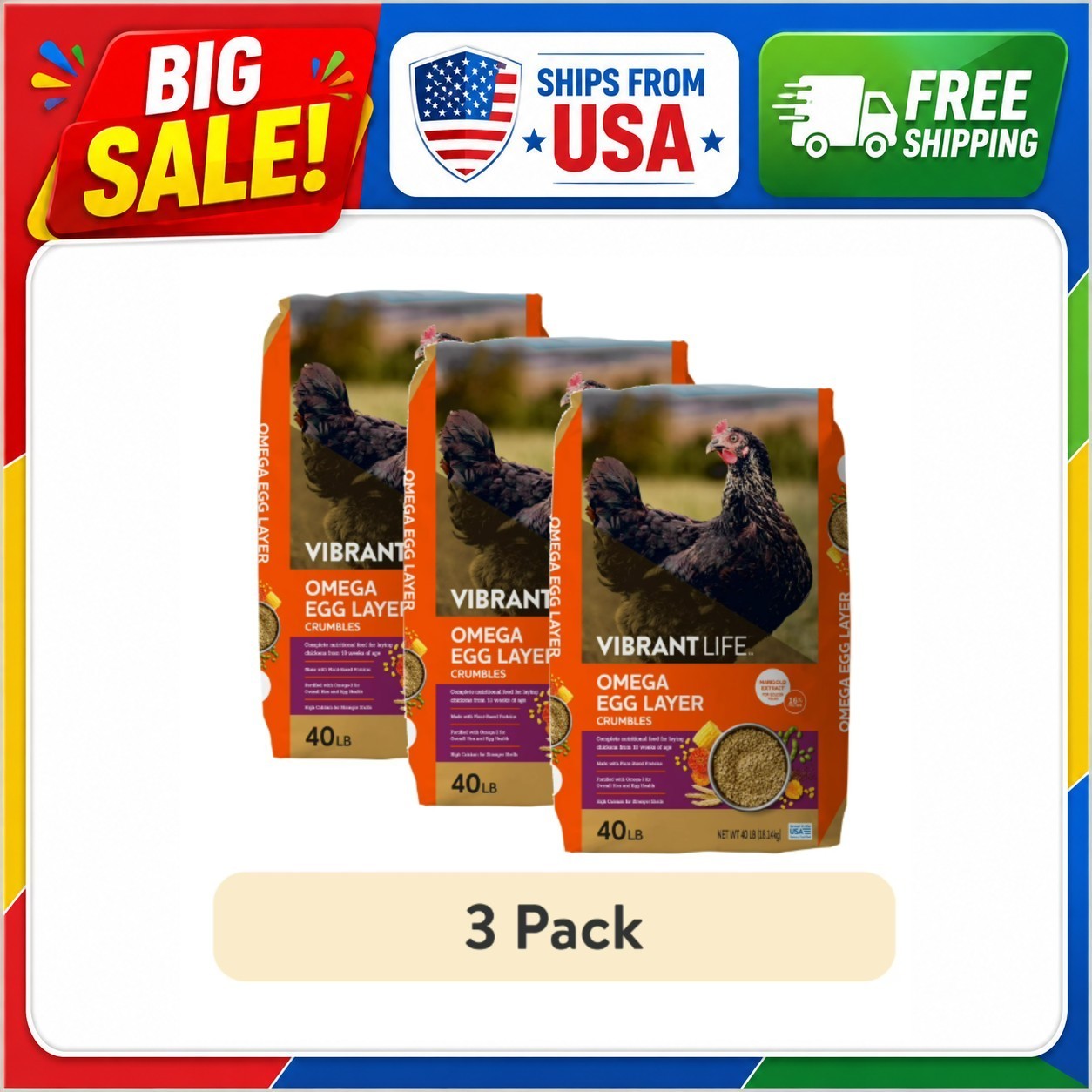 (3 pack) Vibrant Life Omega Egg Layer Crumble, 40 lb Bag