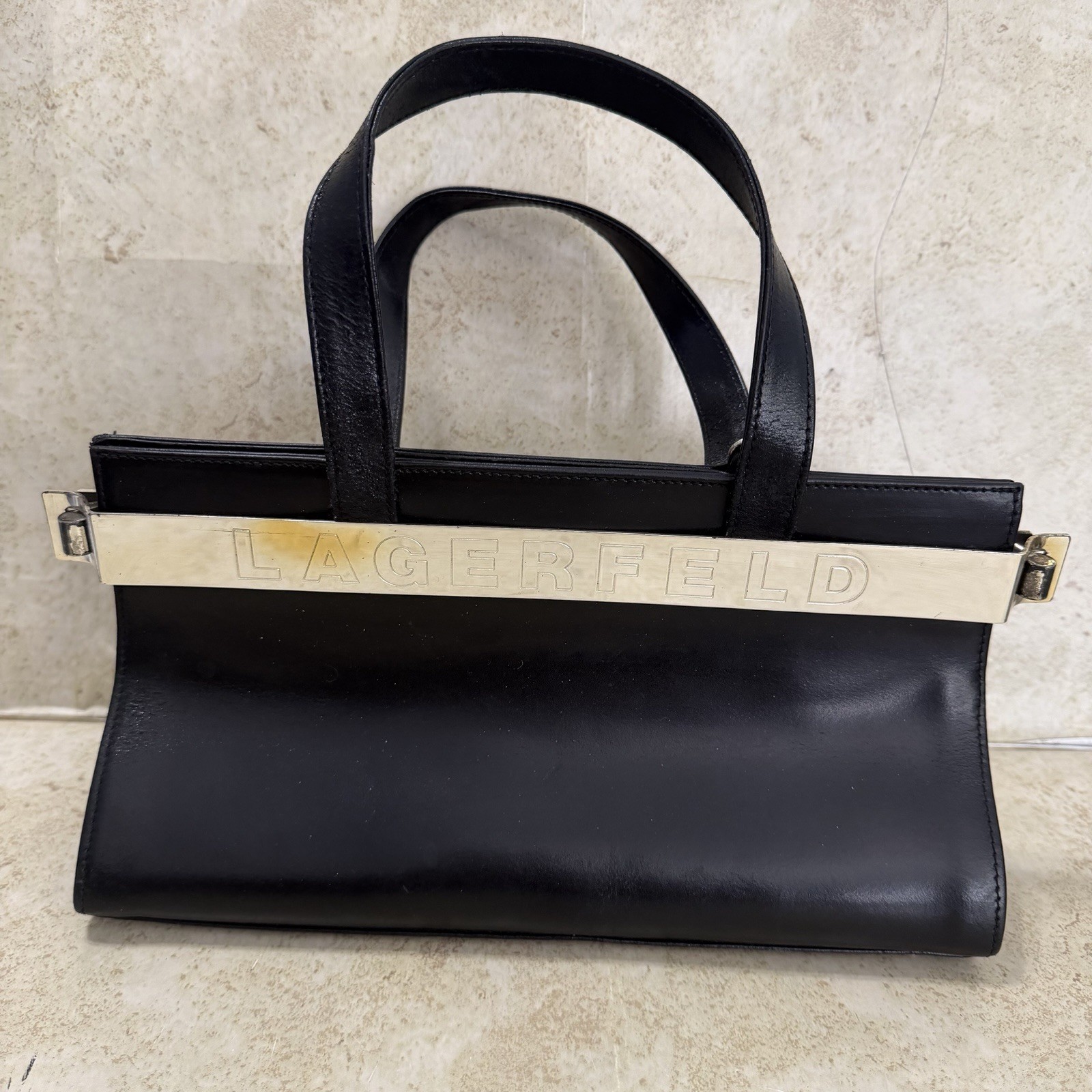 VTG Karl Lagerfeld Purse Black Leather Silver Tone Logo Handbag Retro Designer