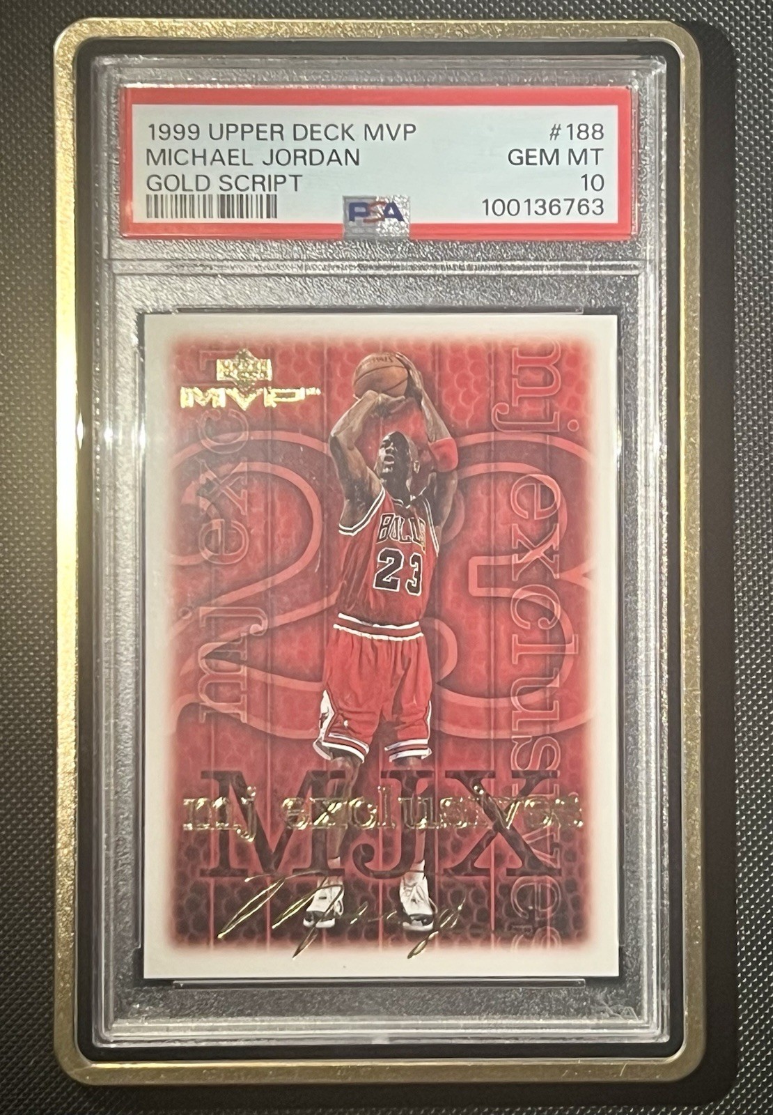 1999-00 Upper Deck MVP -Michael Jordan Gold Script /100 JERSEY 23 MATCH PSA 10 1999-00 Upper Deck MVP -Michael Jordan Gold Script /100 JERSEY 23 MATCH PSA 10
