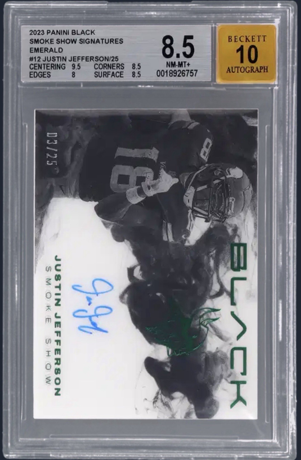 Panini 2023 Black Smoke Show Signatures Justin Jefferson Emerald /25 SM-JJE Panini 2023 Black Smoke Show Signatures Justin Jefferson Emerald /25 SM-JJE