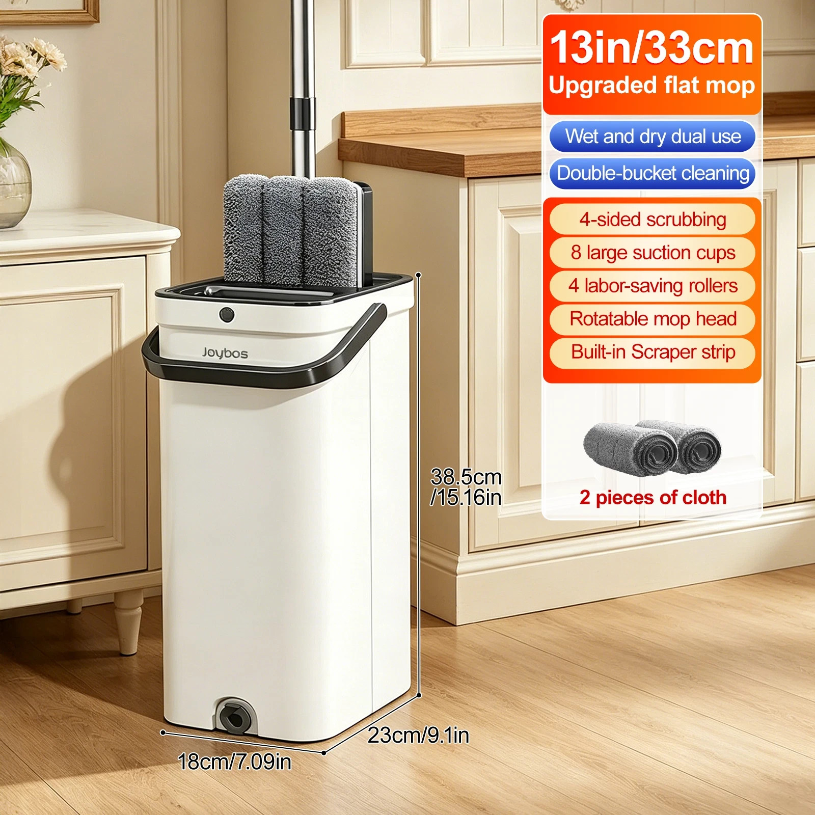Joybos Mop Bucket Set, Hands-free Flat Mop, Mop Bucket System with Wringer
