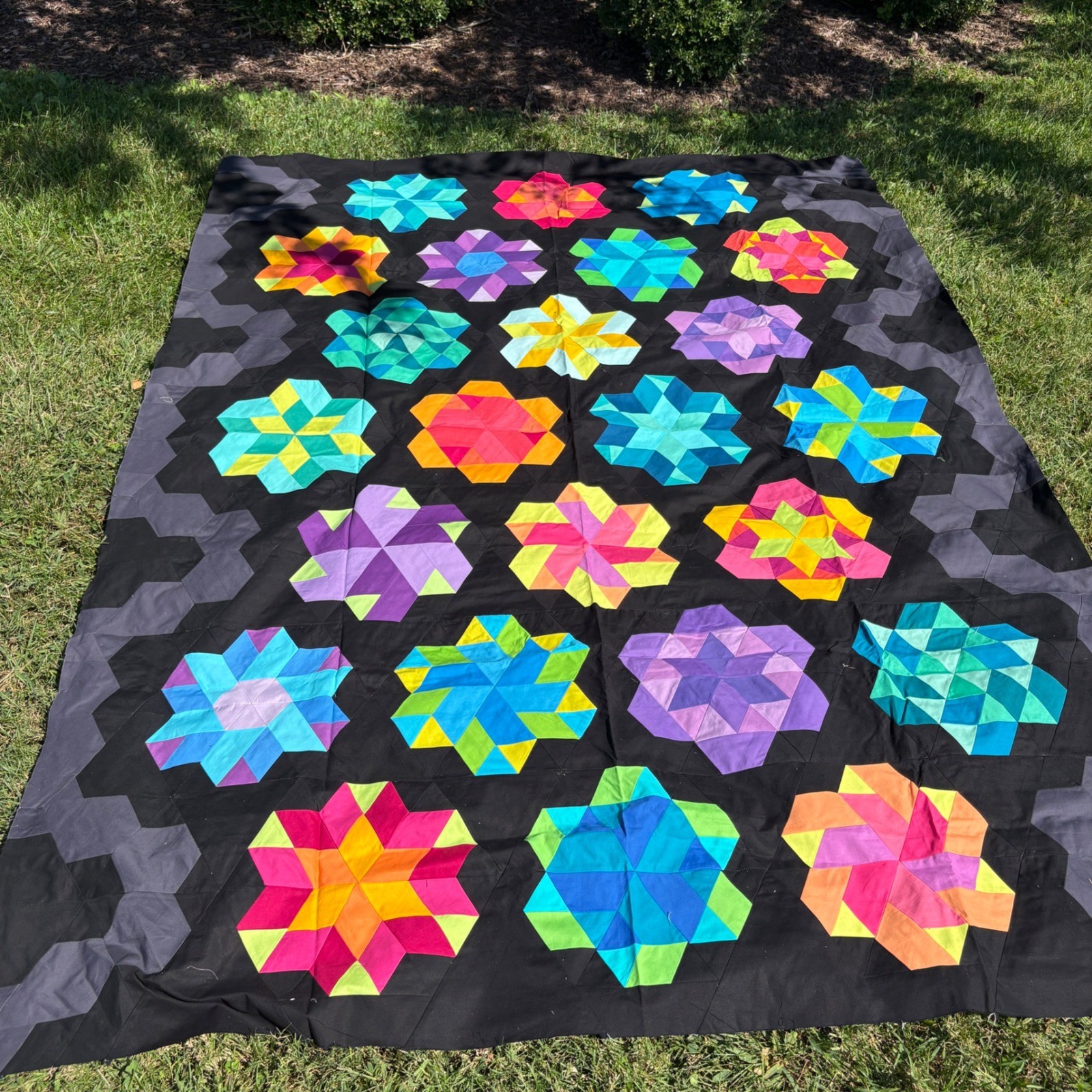 Handmade Geometric Bright Star Quilt Top Black Grey Hexagon Patchwork 47x63