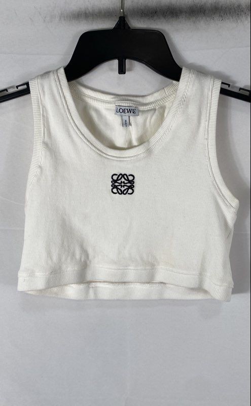 LOEWE Women\'s White Ribbed Anagram Embroidered Cropped Tank Top Sz M