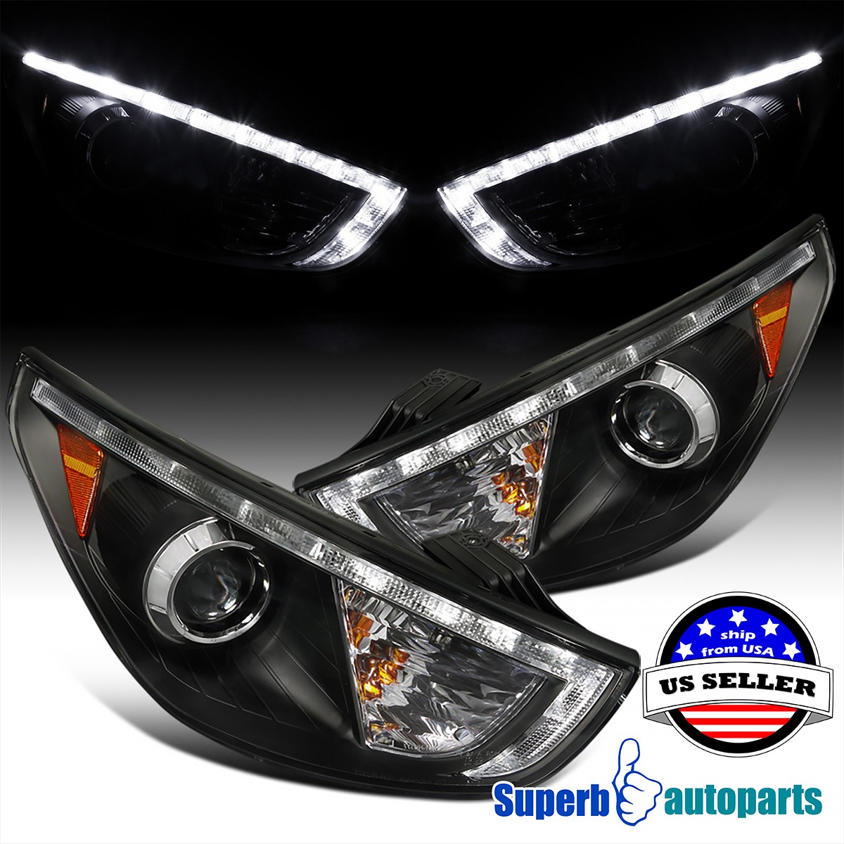 Fits 2010-2012 Tucson Projector Headlights Black Head Lamps LED Strip Fits 2010-2012 Tucson Projector Headlights Black Head Lamps LED Strip