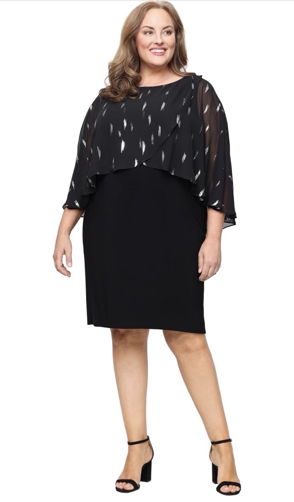 S.L. Fashions Womens Plus Size Short Sheath Dress w/Foil Printed Chiffon Overlay