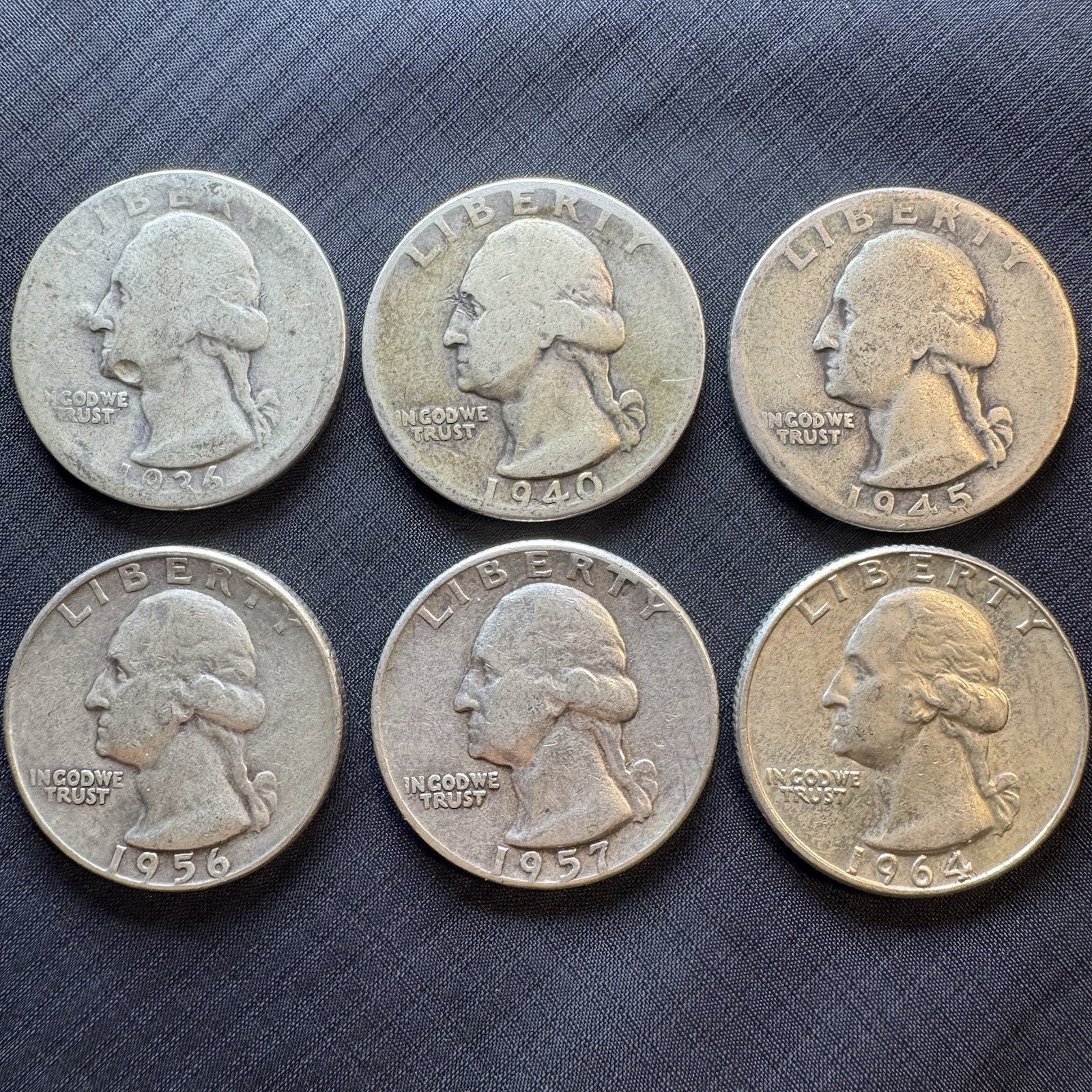 (6) Washington Quarters 1934-1964 | 90% Silver | Coin Lot $1.50 Face Vintage US