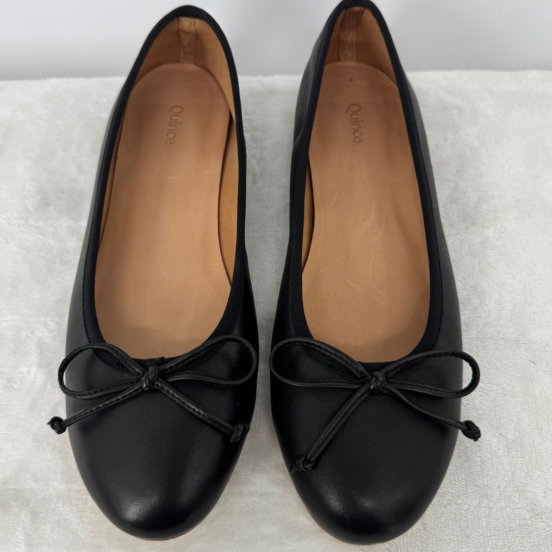 Quince Italian Leather Black Round Toe Bow Ballet Flats Slip on 8 NWB