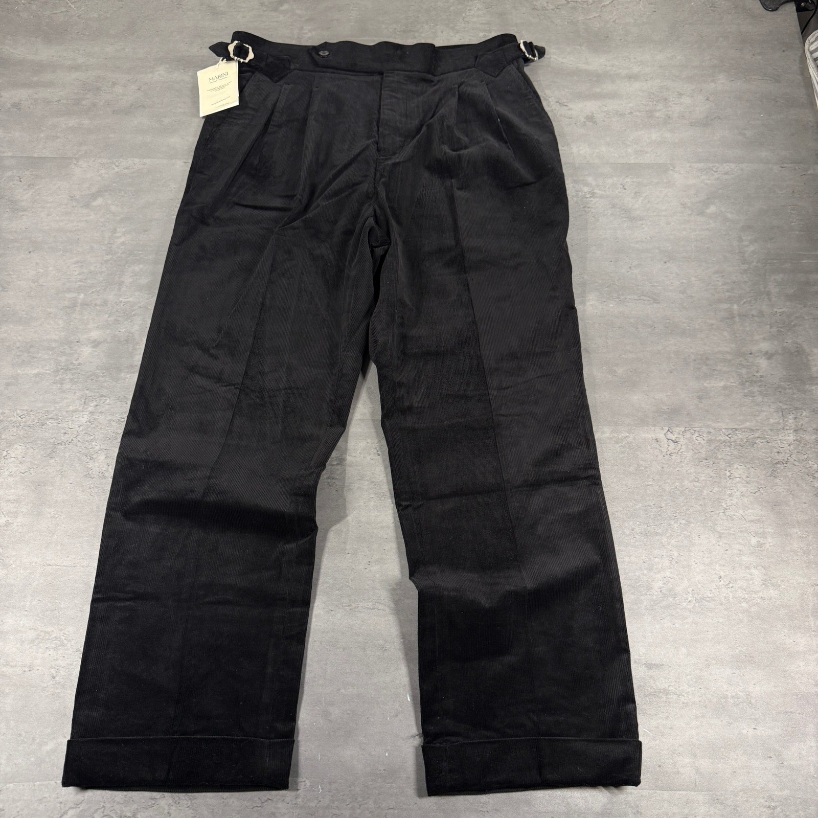 Marini Gurkha Pants Mens 34 Pleated Corduroy Black Side Adjusters Cuffed NEW