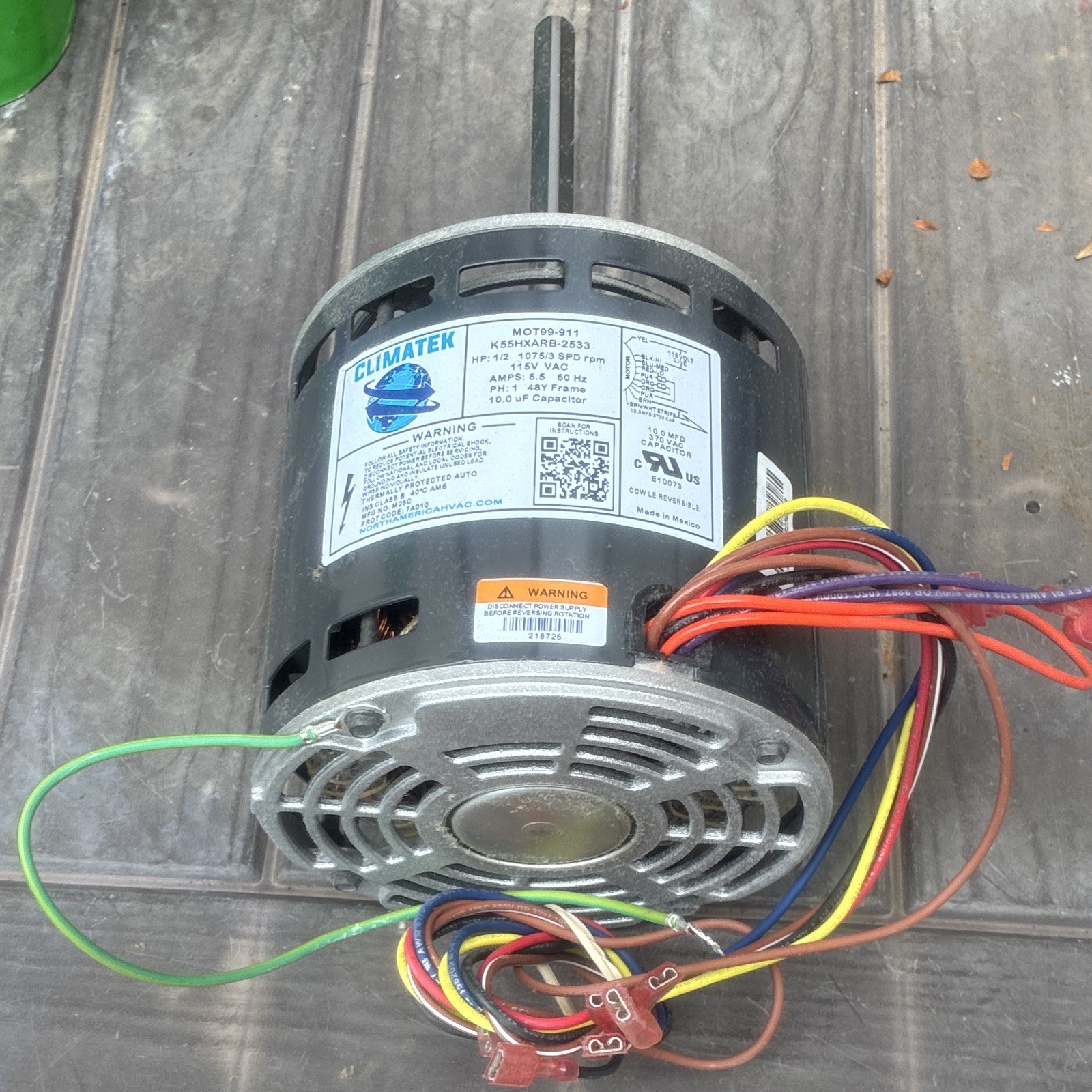 CLIMATEK 55HXRAP-B-2533 Furnace Blower Motor 1/2 HP 115V 1075 RPM 3-Speed