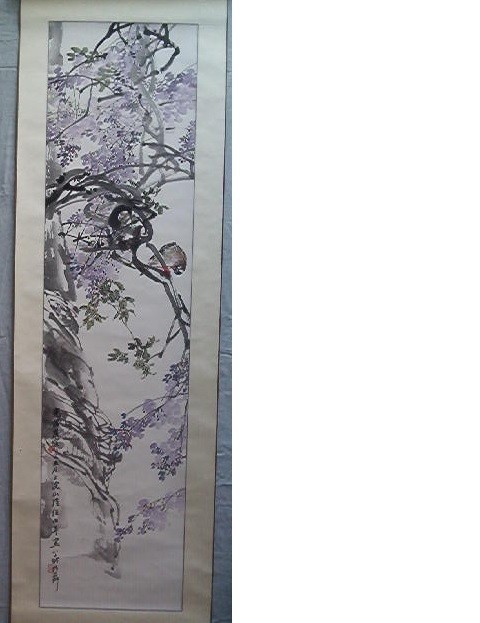 Hand-Painted Imitated Ren Bainian Chinese Painting Silk Scroll, Bird and Flower