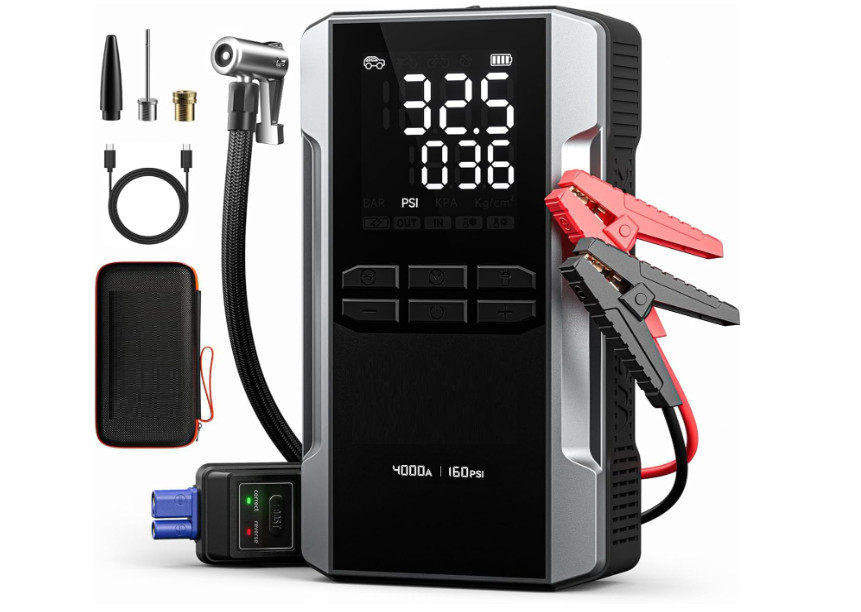 Arrancador Portátil para Auto 4000A con Inflador de Llantas, Carga USB 65W y Caj