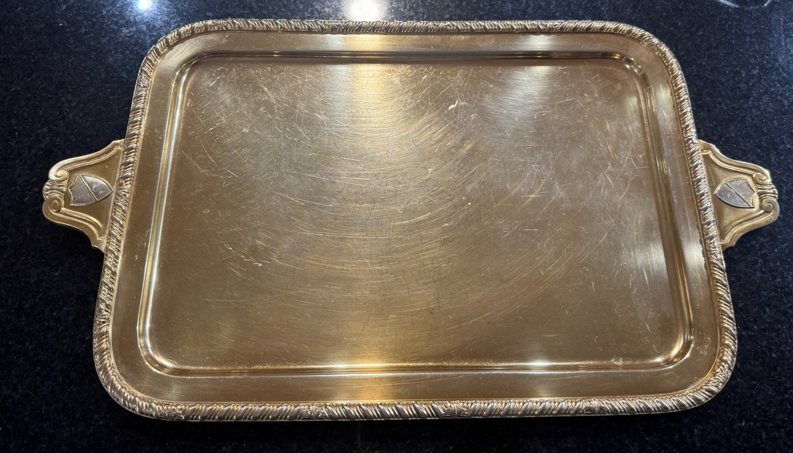Vintage Gorham Gold Plated Silver Soldered Serving Tray 17.25” Shield Handles