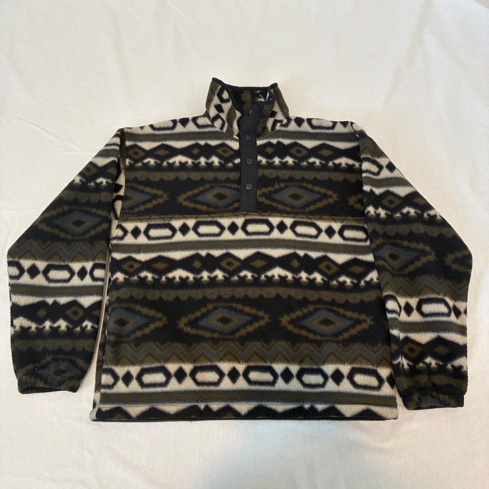 White Sierra Fleece Pullover Mens S Multicolor Aztec Geometric Snap Neck USA White Sierra Fleece Pullover Mens S Multicolor Aztec Geometric Snap Neck USA