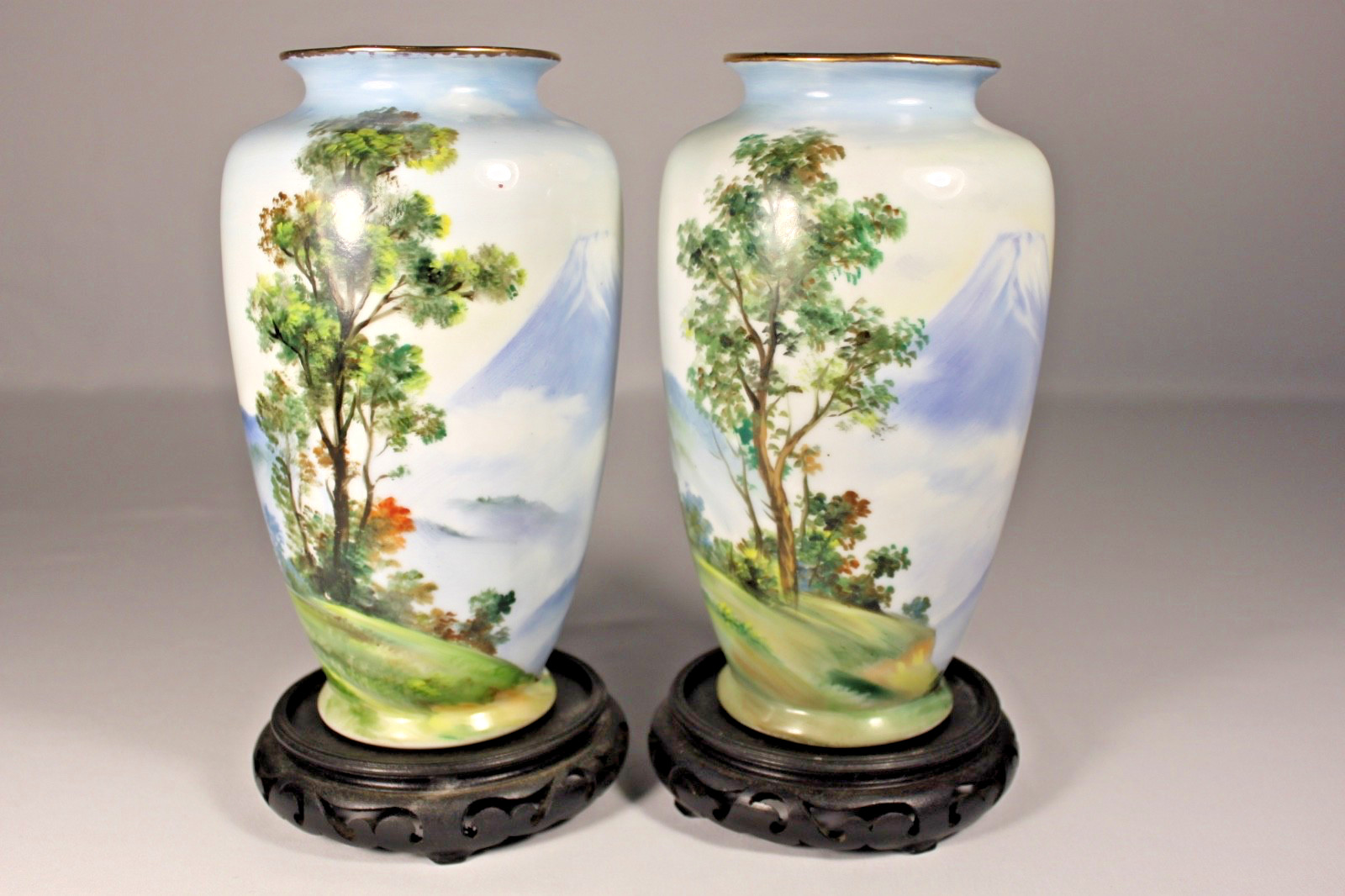 Antique Japanese Vases Mt. Fuji Set 2 9 1/2 Antique Japanese Vases Mt. Fuji Set 2 9 1/2